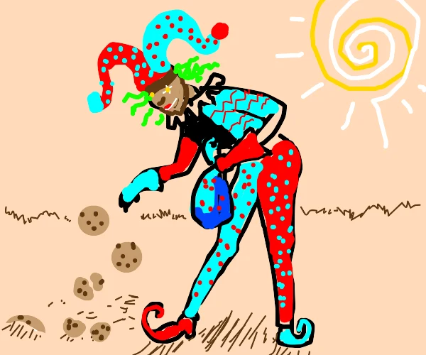 clown picking up cookies in the desert.png