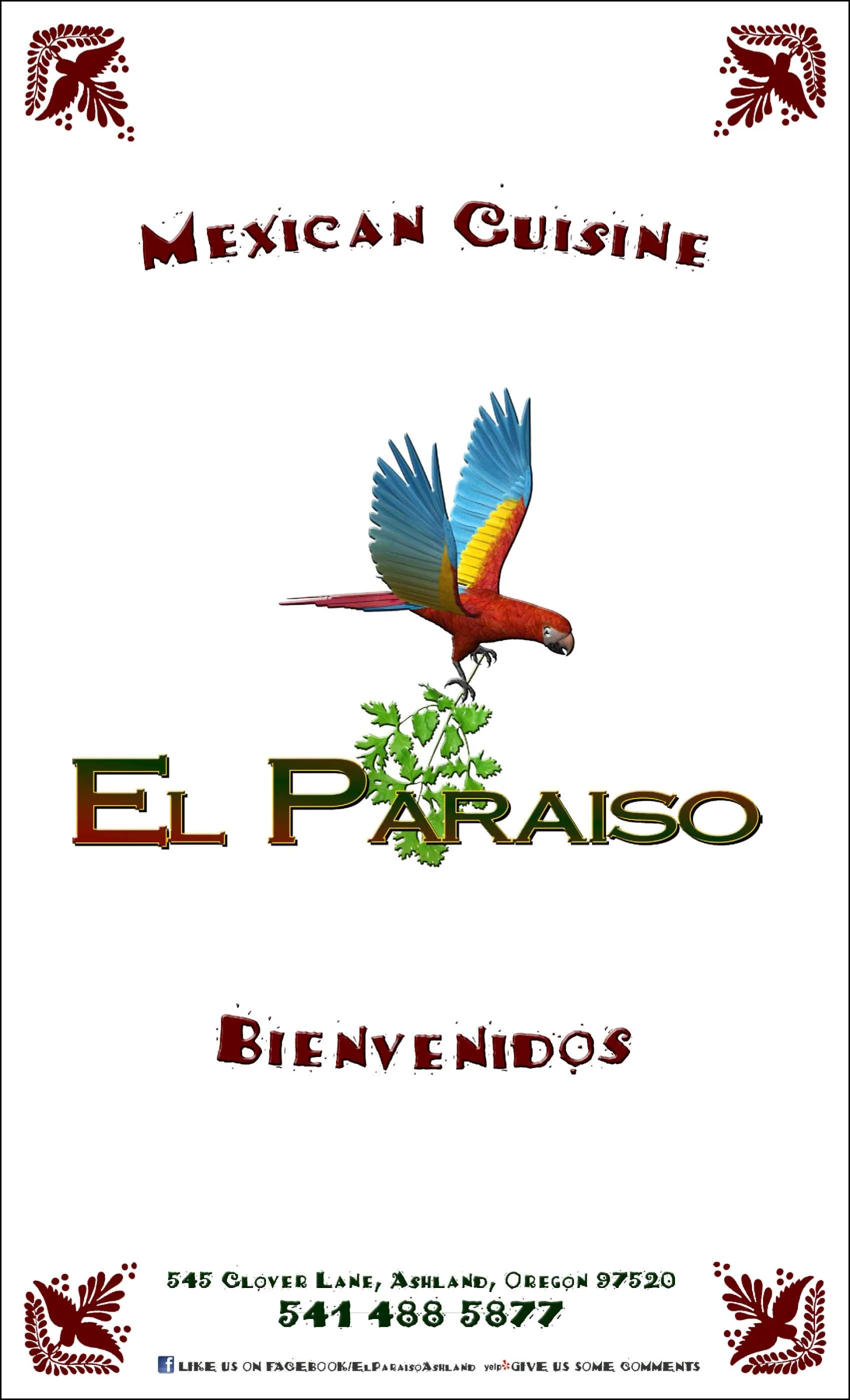 El Paraiso Menu cover