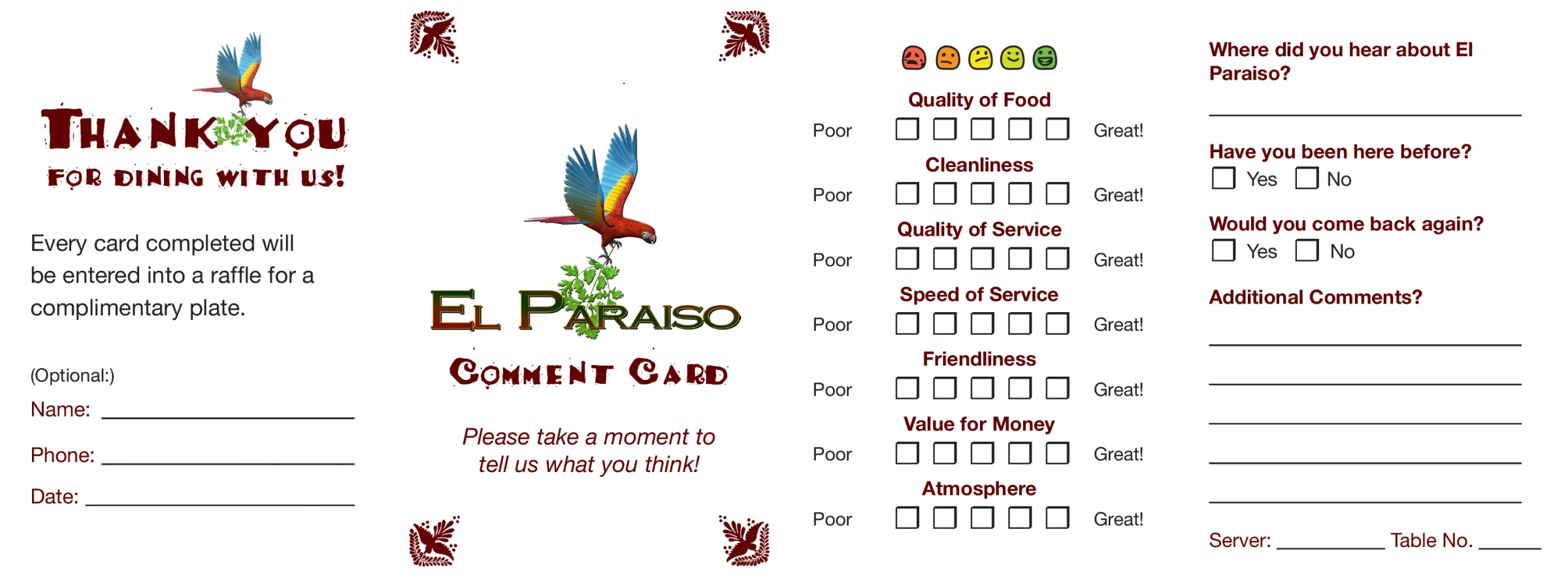El Paraiso comment card (front & back)