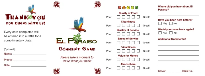 El Paraiso comment card (front & back)